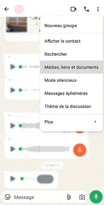 Menu WhatsApp : Médias, liens et docs