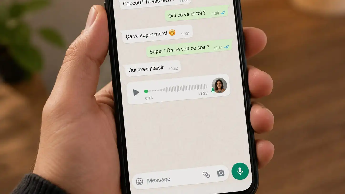 Smartphone affichant une conversation WhatsApp avec un message vocal